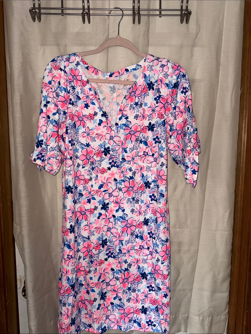 Lilly Pulitzer Pink & Blue Floral V-Neck Midi Dress